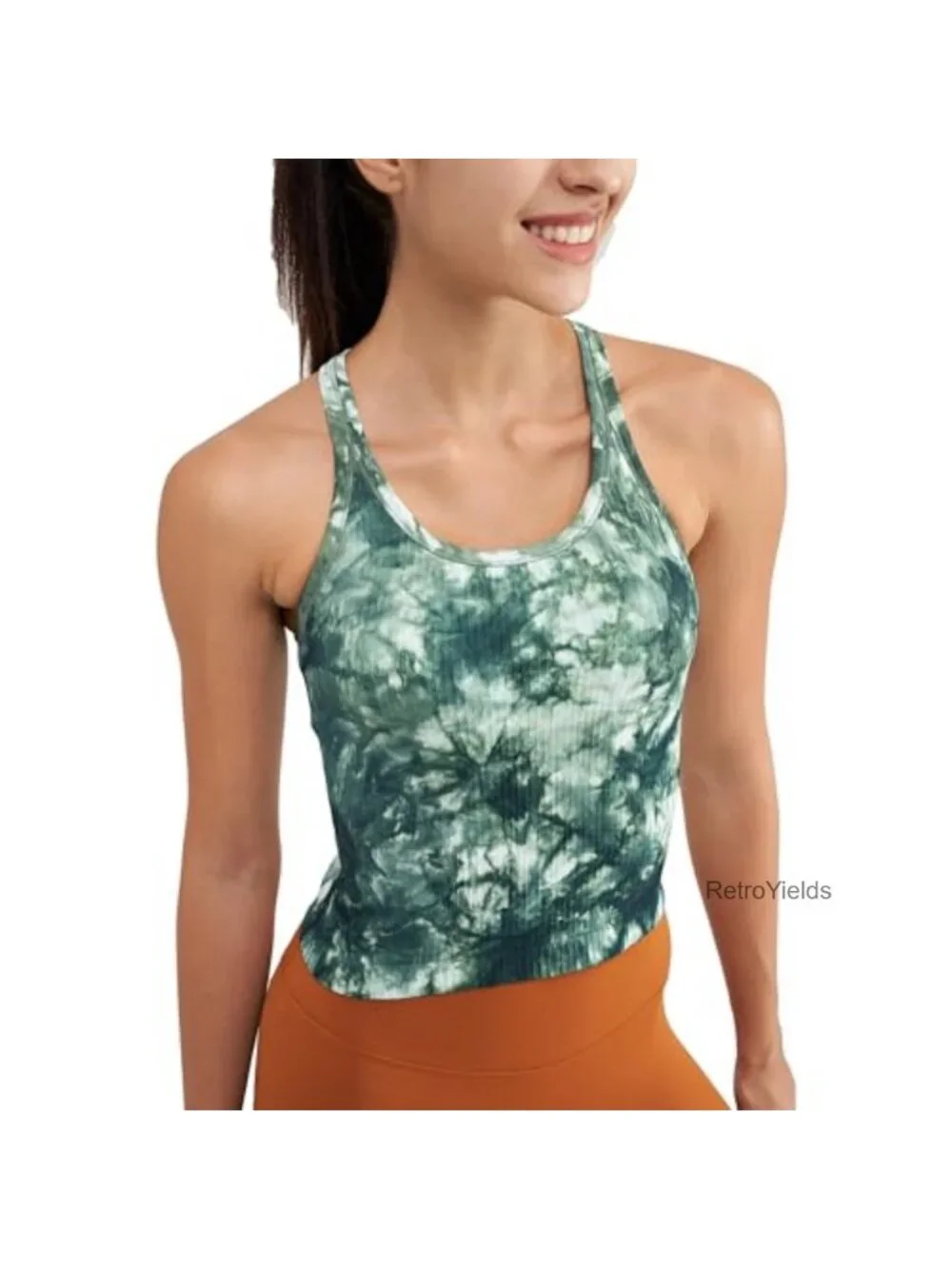 Seamless Ribbed Racerback Tank Top with Built-In Bra - Women's Athletic Crop